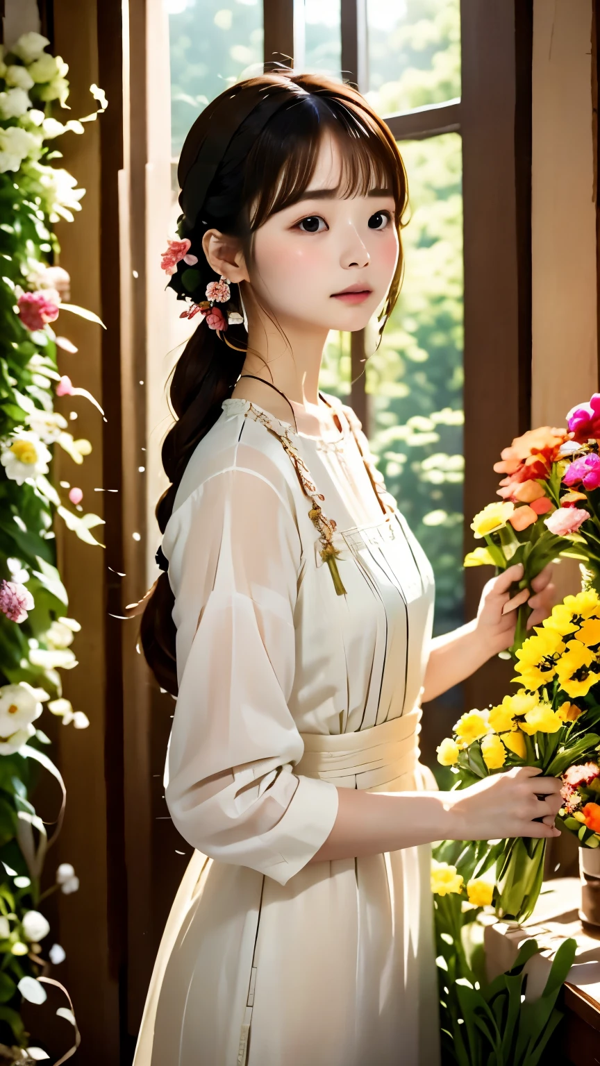 (((woman working at a flower shop、beautiful flower々:1.2、lots of flowers:1.2、flower garden flower shop:1.2)))、Gypsophila、Cat clerk、beckoning cat、cute顔、small nose、plump lips、carefully tied braids、cute、clerk serving customers、Blue front cover:1.2、Natural light、(very detailed, intricate details), sharp focus, calm colors, 8k, confused, 8mm film grain