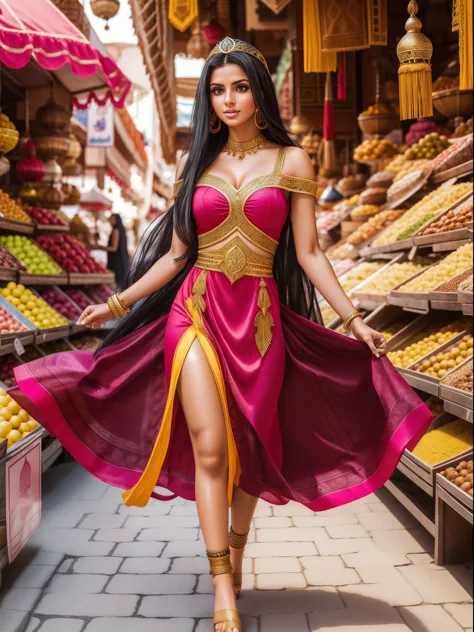 full body crka 1800 beautiful arabian princess in a bright colorful airy dress walking in an arabian market long black hair real...