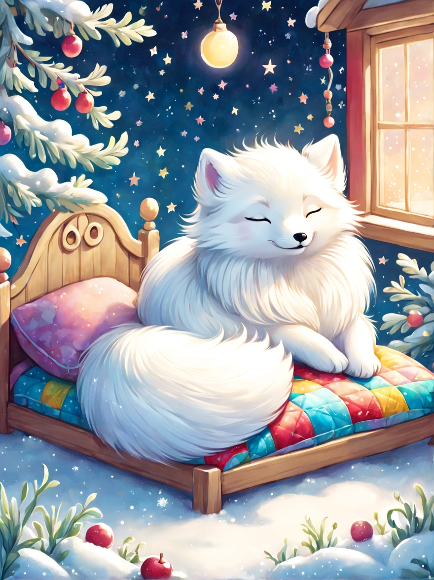 cuteillustration arctic fox house，Snow white arctic fox，hibernation，cute，sleep，Comfortable and warm，looks very happy，illustration，Popularity，Colorful，draw with thick lines，Farbe，dim，light，Arctic fox sleeping in hibernation，have a happy dream，The house is warm and full of happiness，Colorful，gaudy，fantasy，patchwork，Quilt，details details，fluffy，randolph caldecott style, KidsRedmAF