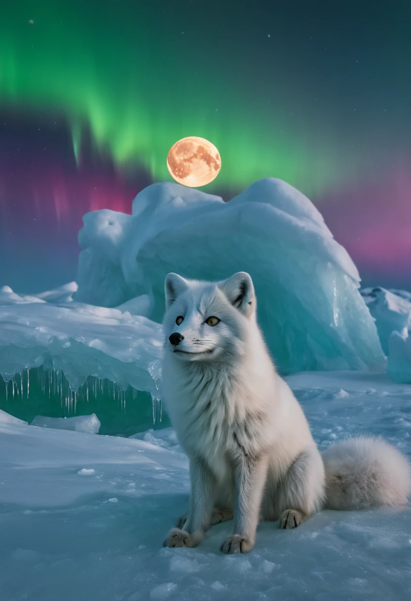 High Resolution, High Quality. Arctic fox, sleek white fur, sits in the foreground gazing at a bright moon, reflective icicles entwined in fur, eyes mirroring the red-green dance of a magnificent aurora borealis, merging above the vivid landscape of the Arctic Ocean coast with hummocks, Wildlife Photographer of the Year aesthetic, hyperrealism, hyper-detailed, digital painting, ultra fine, 8k resolution, breathtaking surreal masterpiece