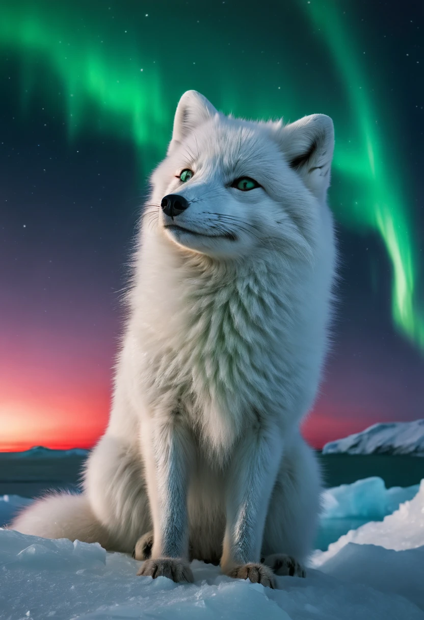 High Resolution, High Quality. Arctic fox, sleek white fur, sits in the foreground gazing at a bright moon, reflective icicles entwined in fur, eyes mirroring the red-green dance of a magnificent aurora borealis, merging above the vivid landscape of the Arctic Ocean coast with hummocks, Wildlife Photographer of the Year aesthetic, hyperrealism, hyper-detailed, digital painting, ultra fine, 8k resolution, breathtaking surreal masterpiece