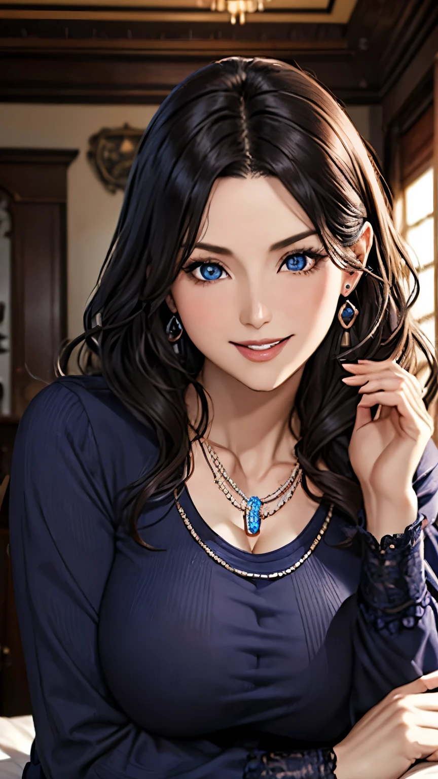 woman((30 years old)), hair((black, wavy)), blue eyes,cute eyes、Crowsex Maradores, long sleeve), accessories ((necklace, earrings)), huge breasts, Classic bedroom, pirate ship, smile,(saggy breasts)