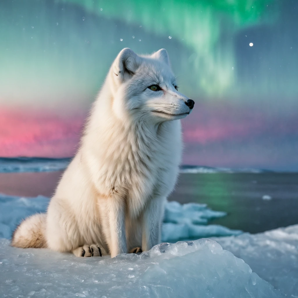 High Resolution, High Quality. Arctic fox, sleek white sparkling fur, sits in the foreground gazing at a bright moon, reflective icicles entwined in fur, eyes mirroring the red-green dance of a magnificent aurora borealis, merging above the vivid landscape of the Arctic Ocean coast with hummocks, Highlights and reflections on snow on ice floes on fur.  Wildlife Photographer of the Year aesthetic, hyperrealism, hyper-detailed, digital painting, ultra fine, 8k resolution, breathtaking surreal masterpiece