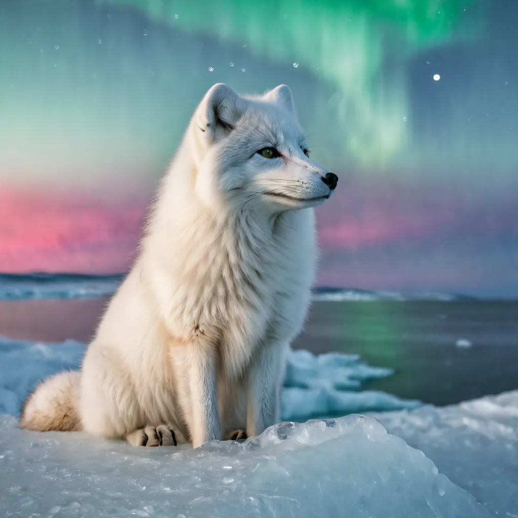 High Resolution, High Quality. Arctic fox, sleek white sparkling fur, sits in the foreground gazing at a bright moon, reflective...