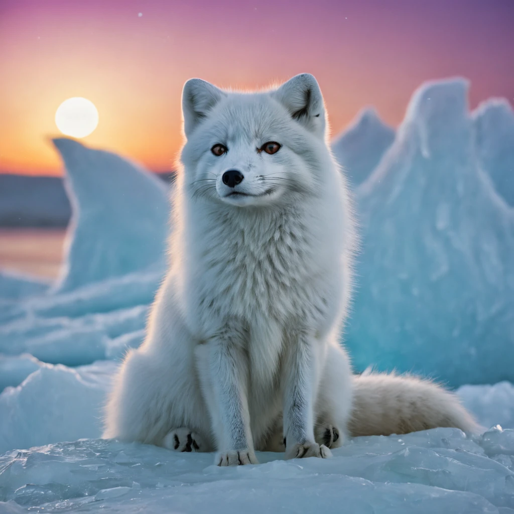 High Resolution, High Quality. Arctic fox, sleek white sparkling fur, sits in the foreground gazing at a bright moon, reflective icicles entwined in fur, eyes mirroring the red-green dance of a magnificent aurora borealis, merging above the vivid landscape of the Arctic Ocean coast with hummocks, Highlights and reflections on snow on ice floes on fur.  Wildlife Photographer of the Year aesthetic, hyperrealism, hyper-detailed, digital painting, ultra fine, 8k resolution, breathtaking surreal masterpiece