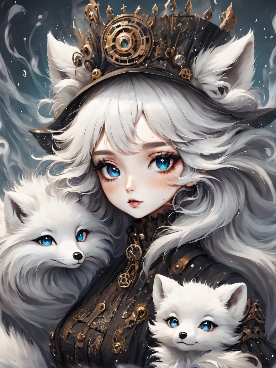 （best quality，masterpiece：1.2，detailed details），(arctic fox:1.2)，（Cute little arctic fox,big eyes， fluffy hair），（dark Gothic，steampunk gothic victorian style）, dark, engulfed in smoke
