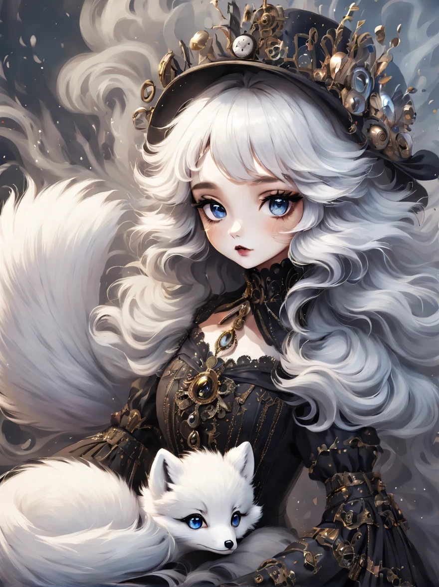 （best quality，masterpiece：1.2，detailed details），(arctic fox:1.2)，（Cute little arctic fox,big eyes， fluffy hair），（dark Gothic，steampunk gothic victorian style）, dark, engulfed in smoke
