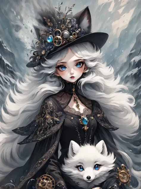 （best quality，masterpiece：1.2，detailed details），(arctic fox:1.2)，（可爱的小arctic fox,big eyes， fluffy hair），（dark Gothic，steampunk g...