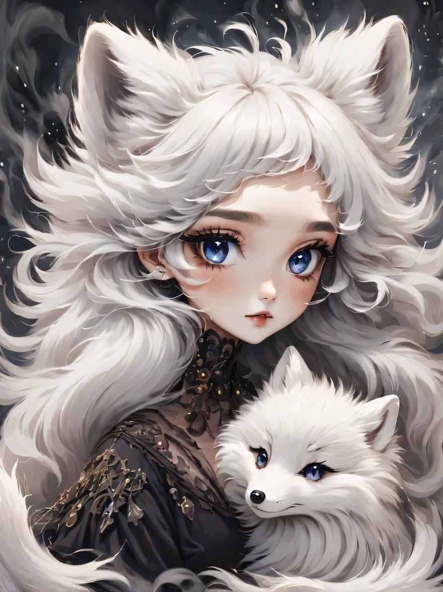 （best quality，masterpiece：1.2，detailed details），(arctic fox:1.2)，（Cute little arctic fox,big eyes， fluffy hair），（dark Gothic，steampunk gothic victorian style）, dark, engulfed in smoke
