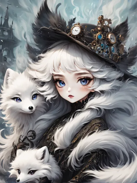 （best quality，masterpiece：1.2，detailed details），(arctic fox:1.2)，（可爱的小arctic fox,big eyes， fluffy hair），（dark Gothic，steampunk g...