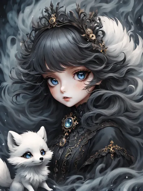 （best quality，masterpiece：1.2，detailed details），（1 cute arctic fox,big eyes， fluffy hair），（dark Gothic，steampunk gothic victoria...