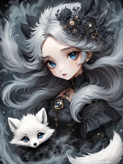 （best quality，masterpiece：1.2，detailed details），（1 cute arctic fox,big eyes， fluffy hair），（dark gothic，steampunk gothic victoria...