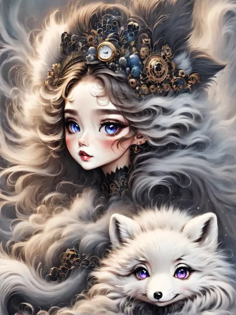 （best quality，masterpiece：1.2，detailed details），(arctic fox:1.2)，（可爱的小arctic fox,big eyes， fluffy hair），（dark gothic，steampunk g...