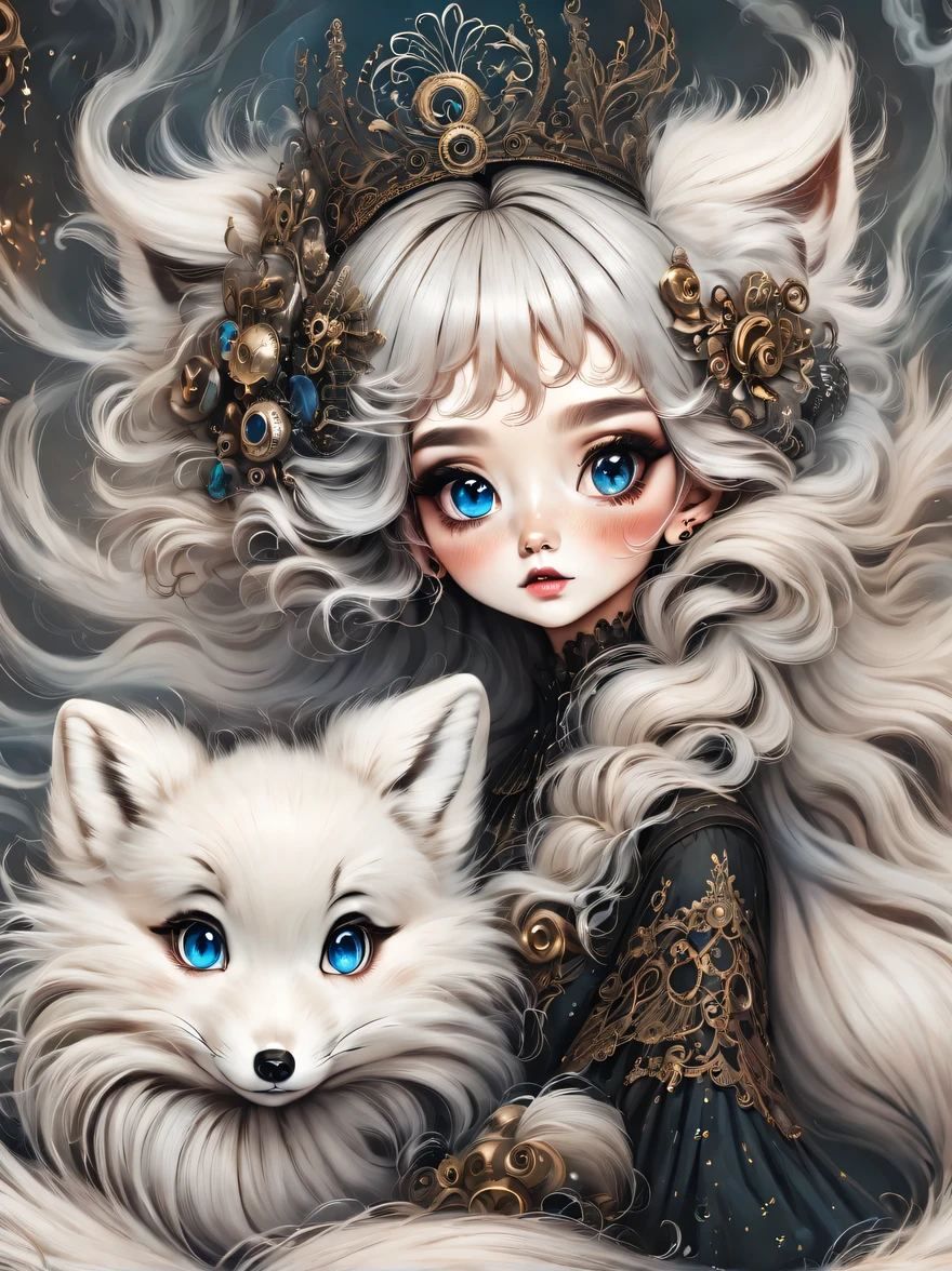 （best quality，masterpiece：1.2，detailed details），(arctic fox:1.2)，（Cute little arctic fox,big eyes， fluffy hair），（dark Gothic，steampunk gothic victorian style）, dark, engulfed in smoke
