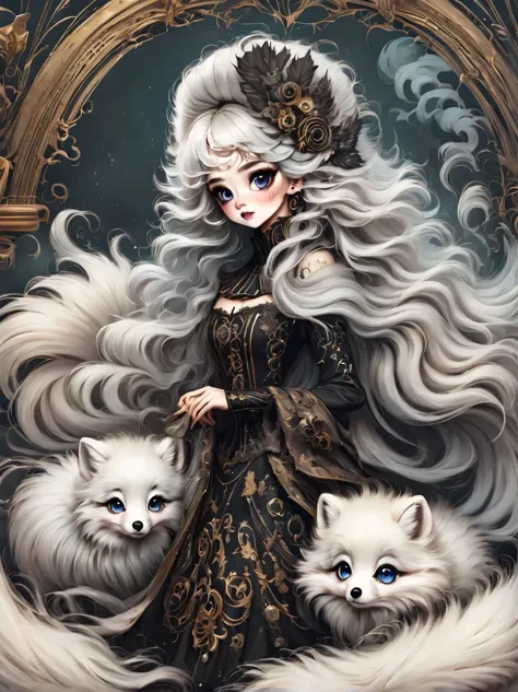 （best quality，masterpiece：1.2，detailed details），arctic fox，（可爱的小arctic fox,big eyes， fluffy hair），（dark Gothic，steampunk gothic ...