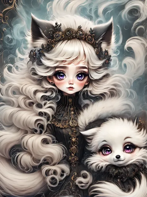 （best quality，masterpiece：1.2，detailed details），（1 cute little arctic fox,big eyes， fluffy hair），（dark Gothic，steampunk gothic v...