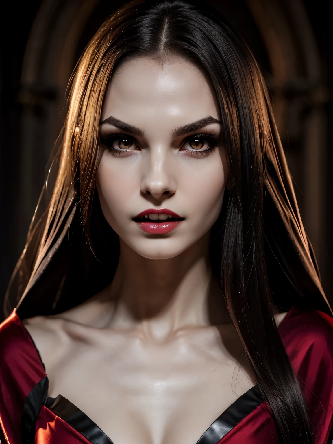 Una joven vampiro con grandes colmillos en la boca., maquillaje oscuro, pale face, Traje de vampiro completamente cubierto., Túnica de vampiro y vestido precioso., reina vampiro, mirada facial agresiva intensa, joven, linda, hermosa, delgada, pequeña niña, pelo largo, Mezcla de orígenes suecos y venezolanos., cuerpo atlético, bien tonificado, delgado y musculoso, hermosa cara, cara perfecta, ojos perfectos, labios delgados, cara única, cara detallada, cuerpo modelo delgado, modelo muy delgado,  huesos faciales fuertes, unique hermosa cara, chica delgada musculosa muy poca grasa corporal, [pecho plano::0.2], frente a la cámara, mostrando los dientes, Fang presiona contra los labios., gran colmillo de vampiro, ojos depredadores, piel vampírica pálida, ojos rojos, piel pálida y brillante, venas que se muestran en la cara y el cuerpo