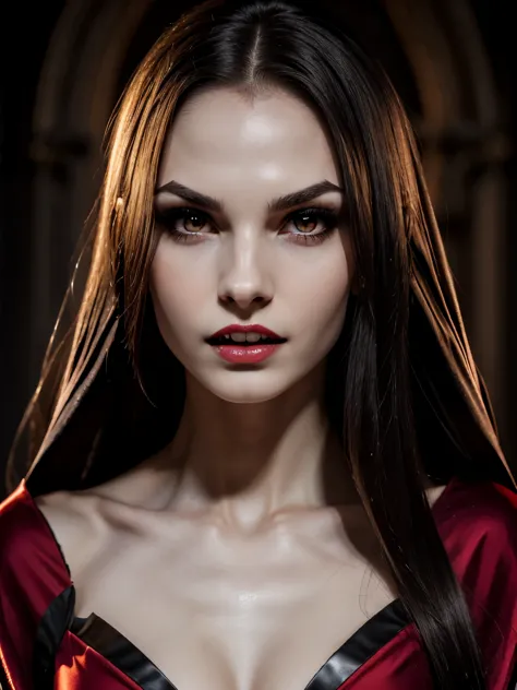 A young Vampire girl with large Fang's in mouth, dark makeup, pale face, Vampire outfit fully covered, Vampire Robe and gorgeous...
