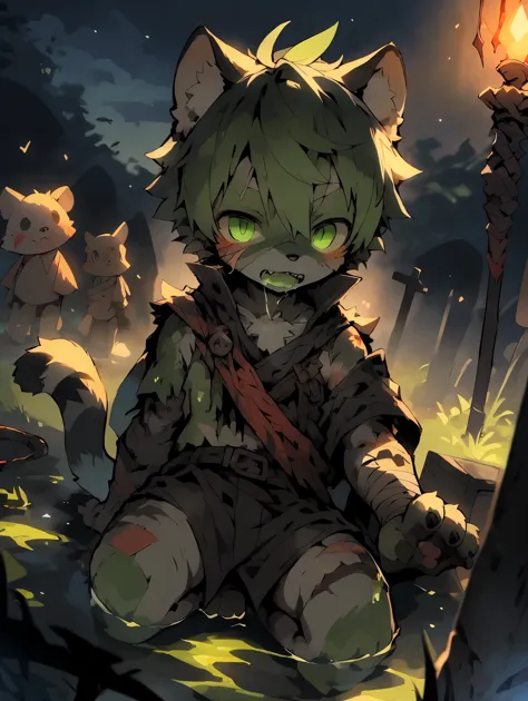 masterpiece, highest quality, soft lighting, intricate details, soft lines, 16k,night,shadow,dark environment, Own, doll,wolf boy,Shota,hero,Both,hero Bothe,undead,broken body,skeleton,Huge wounds,sharp fangs,Black and fluorescent green tones,paw pads,woun...