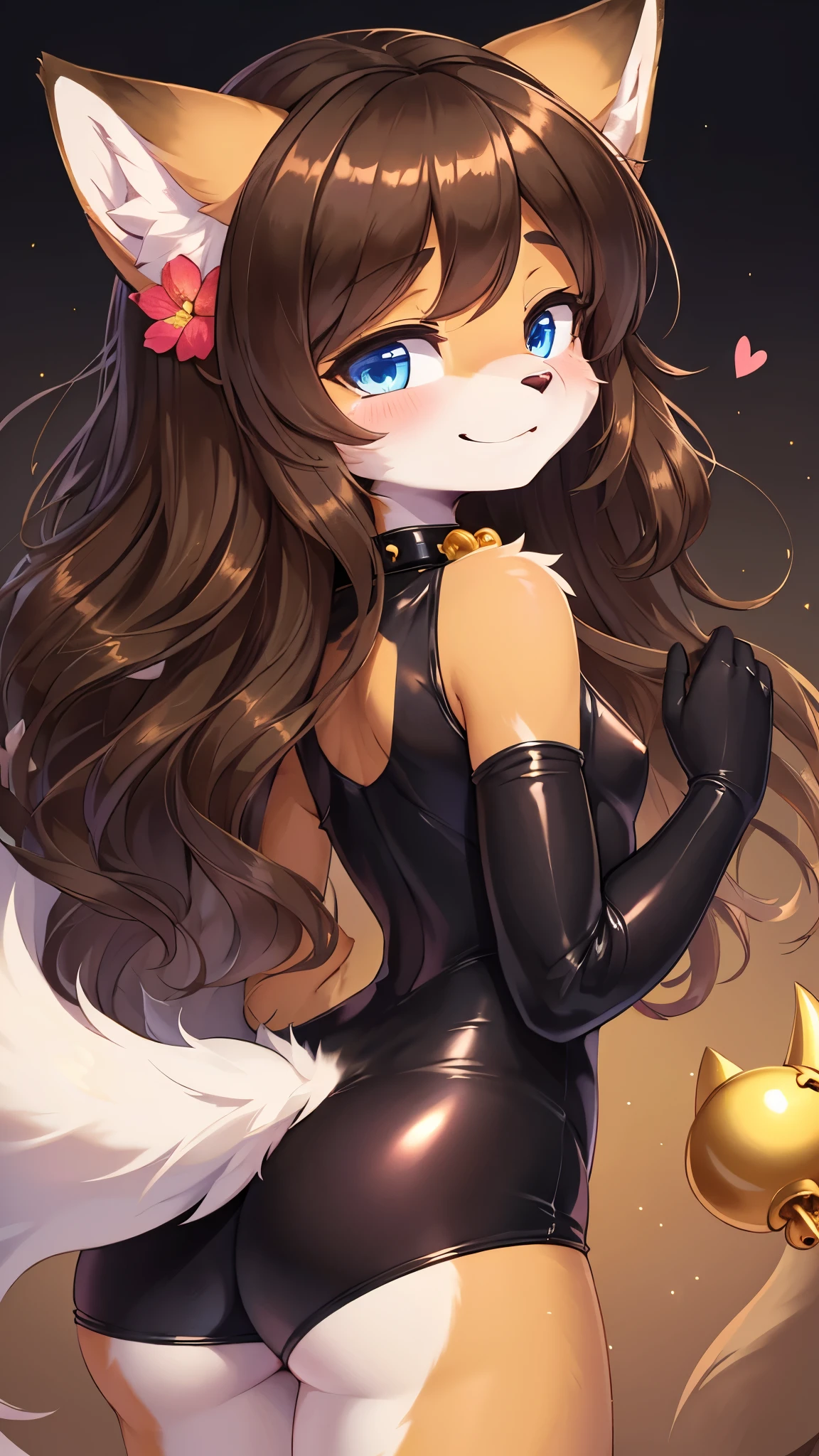 (fluffy anthro furry :1.6),(young :1.6),cat girl,small breasts,dark brown long hair,wavy hair,messy hair,blue eyes,golde fur,gold fox ears,neck fur,pubic fur,ultra detailed fur,light and shadow,plain background,sparkle star,glistering fur,shiny fur,black bodysuit,backless,very sexy,flower hair ornament,small bell collar,looking at viewer,passionated face,squinting eyes,full face blush,heart eyes,smile,back view