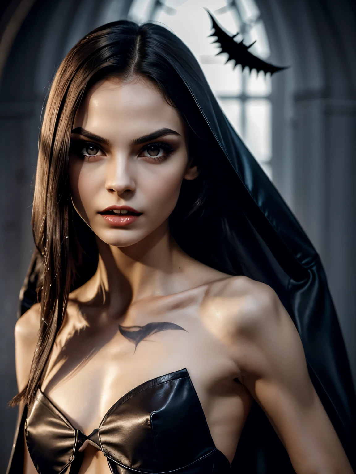 Une jeune fille vampire avec de grands crocs dans la bouche mordant le cou d&#39;une autre jeune fille, maquillage sombre, visage pâle, Tenue de vampire entièrement couverte, Robe de vampire et robe magnifique, reine des vampires, regard intense et agressif du visage, jeune mignonne magnifique petite fille mince, cheveux longs, Mélange d&#39;origines suédoises et vénézuéliennes, corps athlétique, mince et musclé, bien tonique, Magnifique visage, visage parfait, yeux parfaits, lèvres minces, visage unique, visage détaillé, Corps de modèle mince, modèle très fin,  os du visage solides, unique Magnifique visage, fille mince musclée très peu de graisse corporelle, [poitrine plate::0.2], face à la caméra, montrer les dents, Fang se presse contre les lèvres, grand vampire Fang, yeux prédateurs, peau de vampire pâle, les yeux rouges, peau pâle et brillante, veines visibles sur le visage et le corps