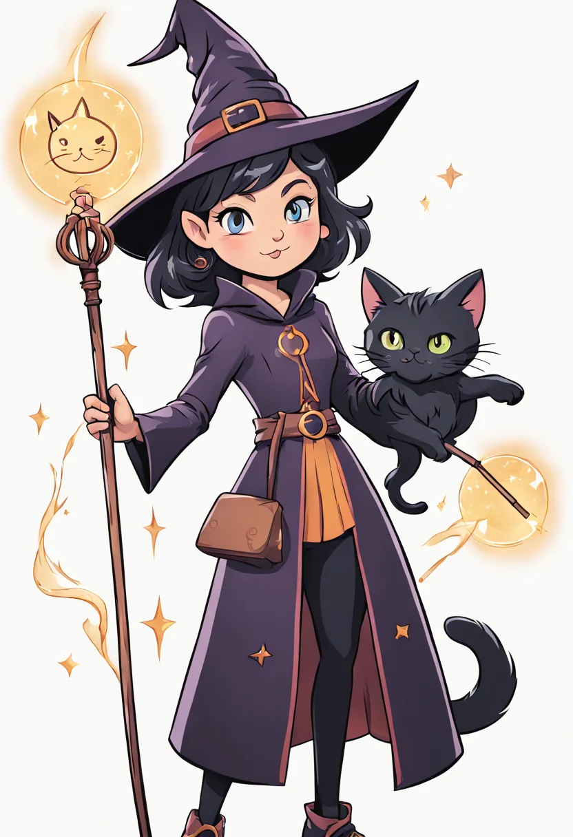 a minimalist, cute looking enchanted witch with magic elements and wands, potions, cat, white background, few details, thick 2d ...