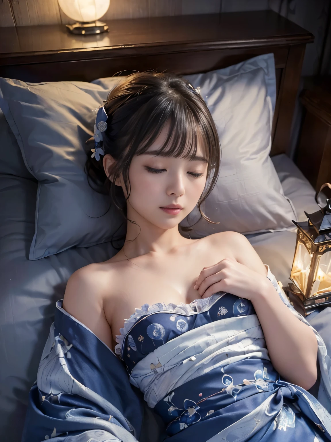 (masterpiece,Super detailed,8k,highest quality:1.5),((very cute)),best image quality, two dimensional beauty,sensual figure,intricate details,charm, realistic texture, charmな,(moonlight、Firefly Light:1.3),(Wearing a blue yukata),bed,(sleeping alone&#39;Came back:1.3)