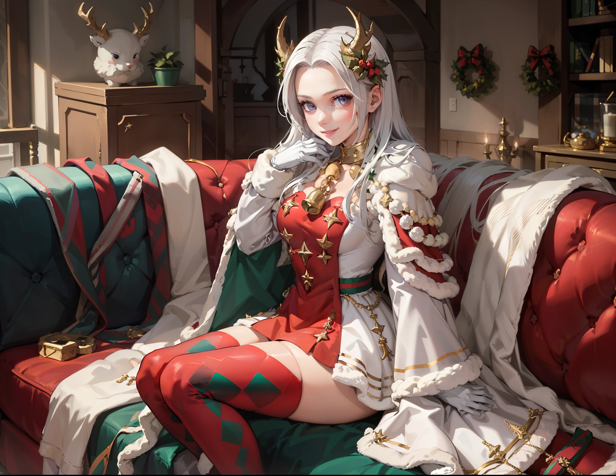 best quality, 1girl, looking at viewer, smile, head on hand, xmasEdelgard, hair ornament, horns, white gloves, short dress, fur trim, neck bell, thighhighs, argyle legwear, cape, indoors, couch, cozy, christmas