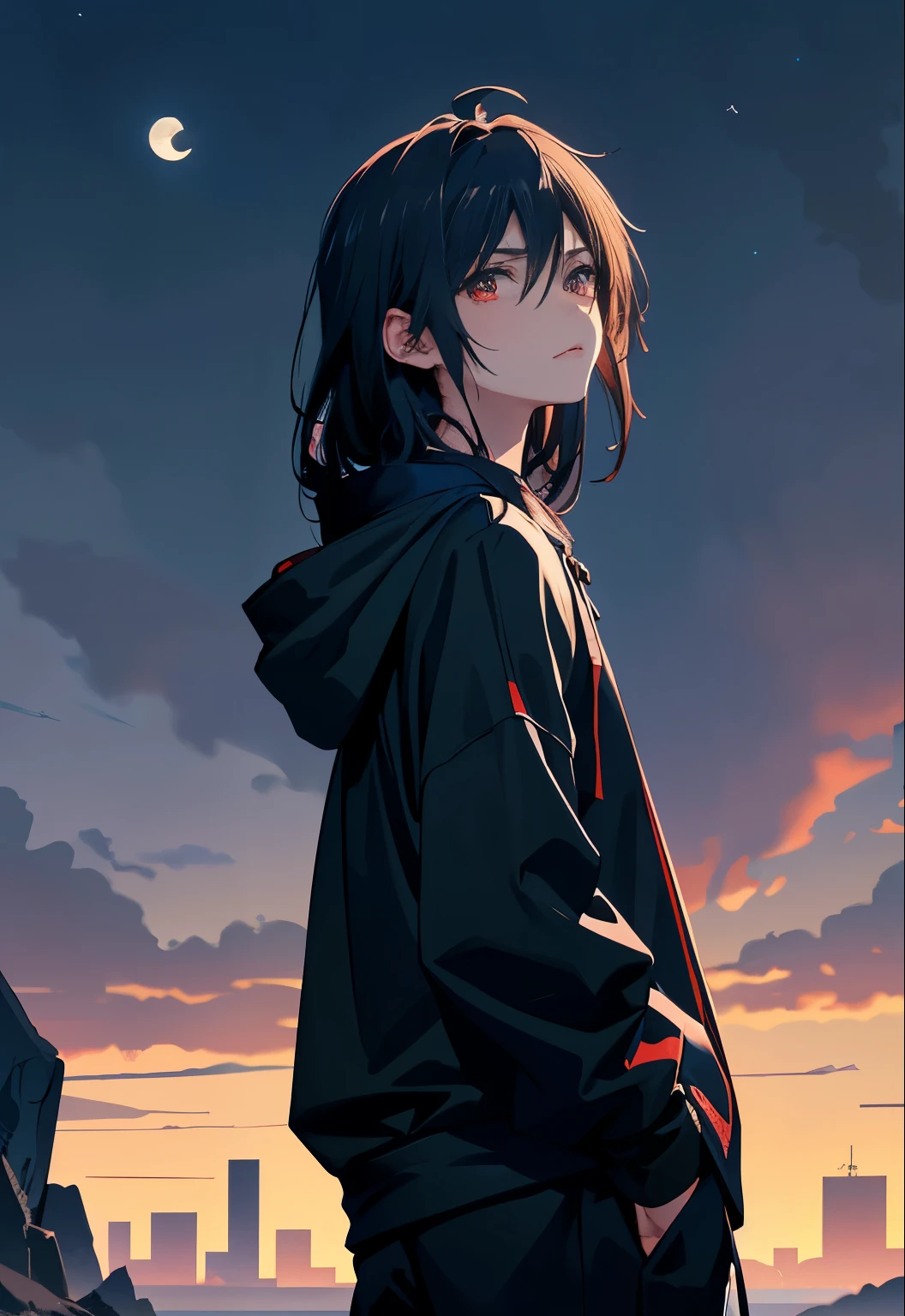 a beautiful boy 、Wearing a hood、I&#39;m walking with my hands in my pockets、wearing a black hoodie、black hair、look up at the distant sky、high resolution、Sorrowful、Kaworu Nagisa、red eyes、alone、solo、back view、walk towards the back、The hair in the back reaches down to the shoulders、sunset、Holding back tears, I look upwards.、I turn my back to the front and look up at the sky、You can see the moon. The boy is looking up at the moon.、Look inside