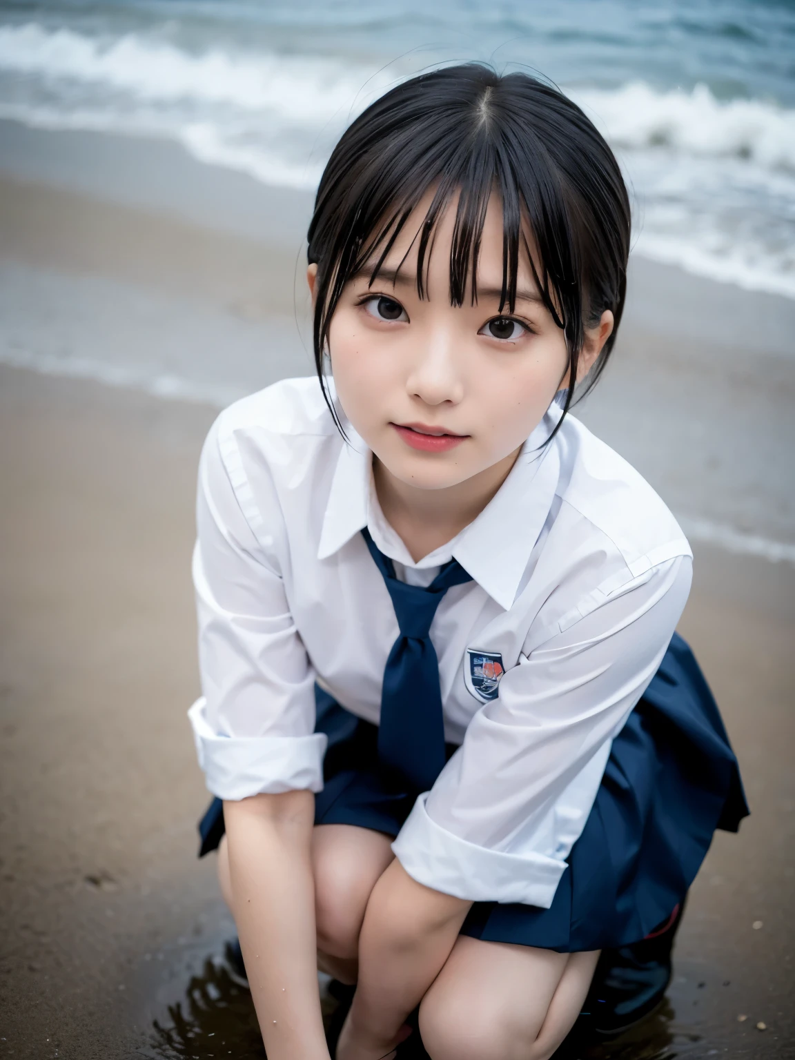 Best quality,raw photo  , 1 Japanese female idol, face focus , face closeup ,from above , selfie , POV , dynamic angle,leaning forward, Squatting, Spread legs, school uniform , kneehighs , undies ,Short hair, bowl cut ,cute face  ,edgy,droop  ,wet , on the beach, rain,