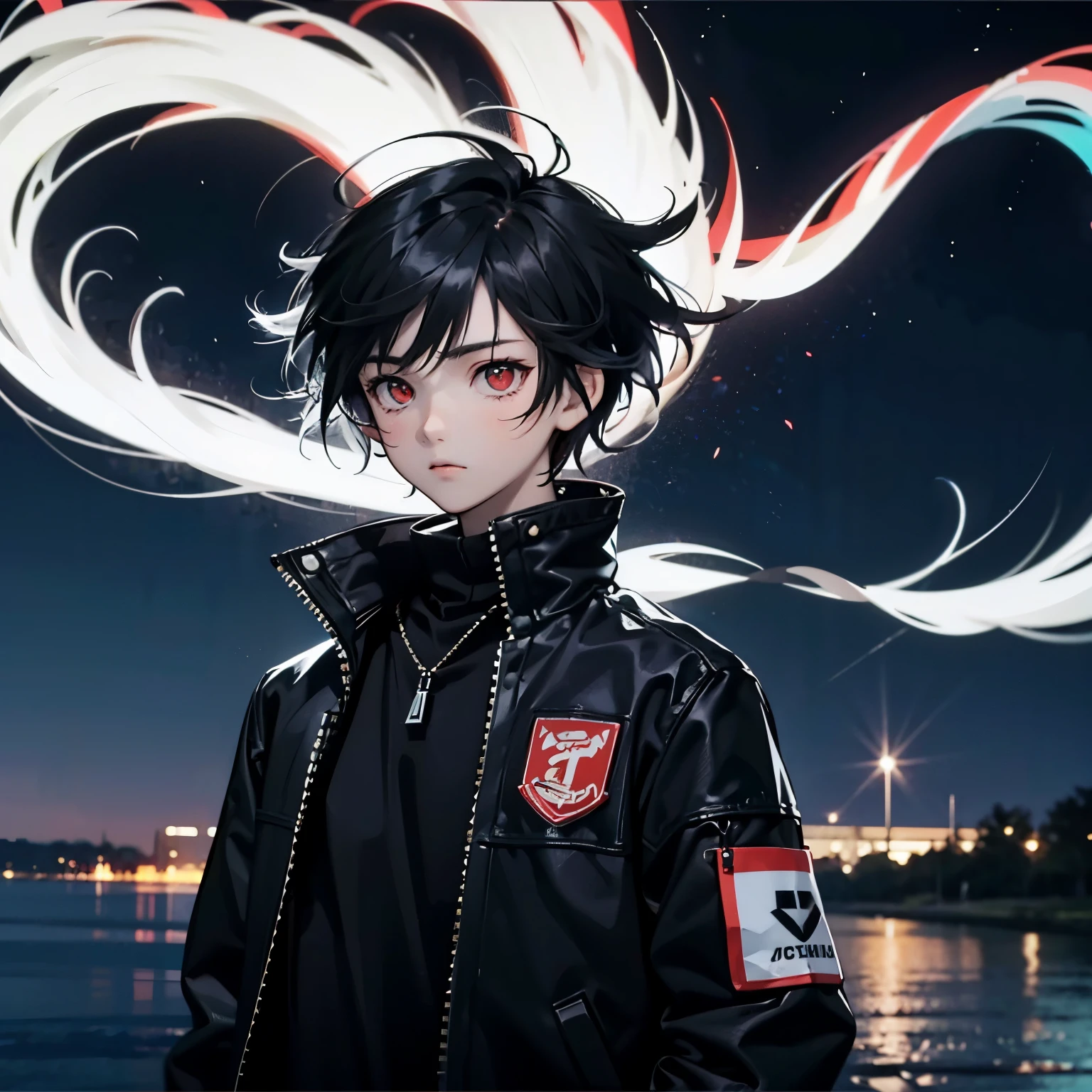 a teenage boy, short black hair and red eyes. his hair was messy in the wind. staring blankly, wearing a black jacket. night sky.