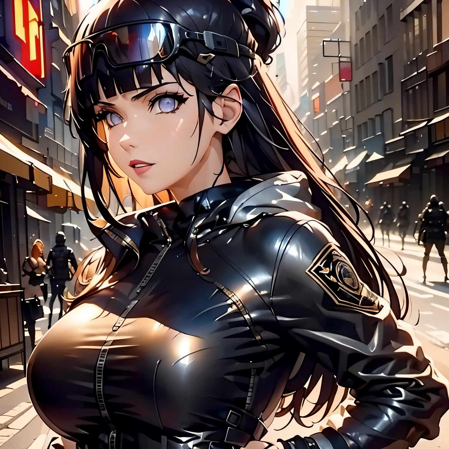 (masterpiece),(best quality:1.0), (ultra highres:1.0), detailed illustration, 8k, anime, 1girl hinata hyuga, beautiful anime girl from naruto shippuden, wearing a army special ops uniform, pretty face, detailed face, beautiful eyes, detailed eyes, bright red lips, red lipstick, beautiful stylish hair, highlights in hair, bangs anime style, best quality, vibrant, fullbody, cariying Sniper Rifle 