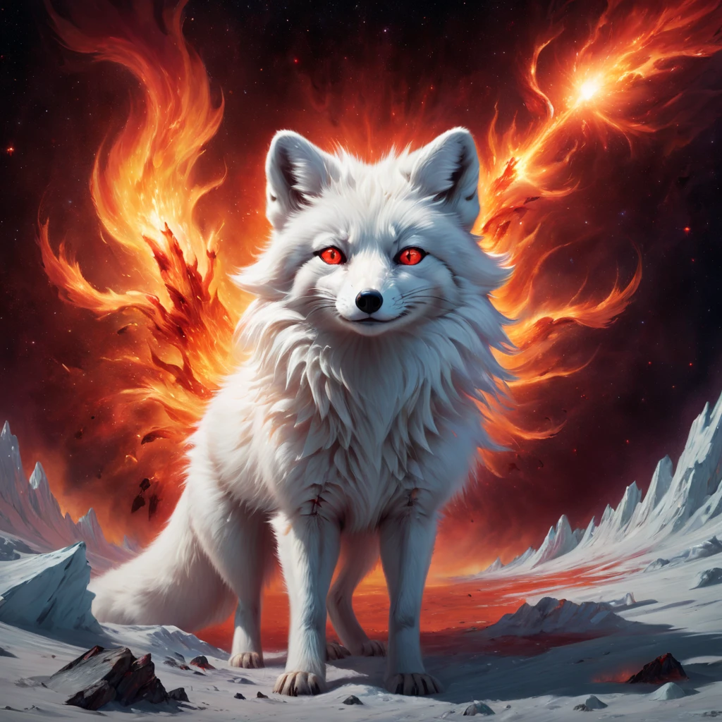 High Resolution, High Quality. Hyperrealistic digital painting of a colossal, radiant largest sparkling cosmic magnificent white arctic fox in the vacuum of space about to engulf the war-ravaged, flaming Earth, its eyes ablaze with a fiery red glare reflecting madness and distress, blending the styles of Mike Davis and Darek Zabrocki, with a surreal and pop art twist, engulfing the viewer in a scene of hyperdetailed anxiety and grandeur, octane rendering,  cinematic. hyperrealism, hyper-detailed, digital painting, ultra fine, 8k resolution, breathtaking surreal masterpiece