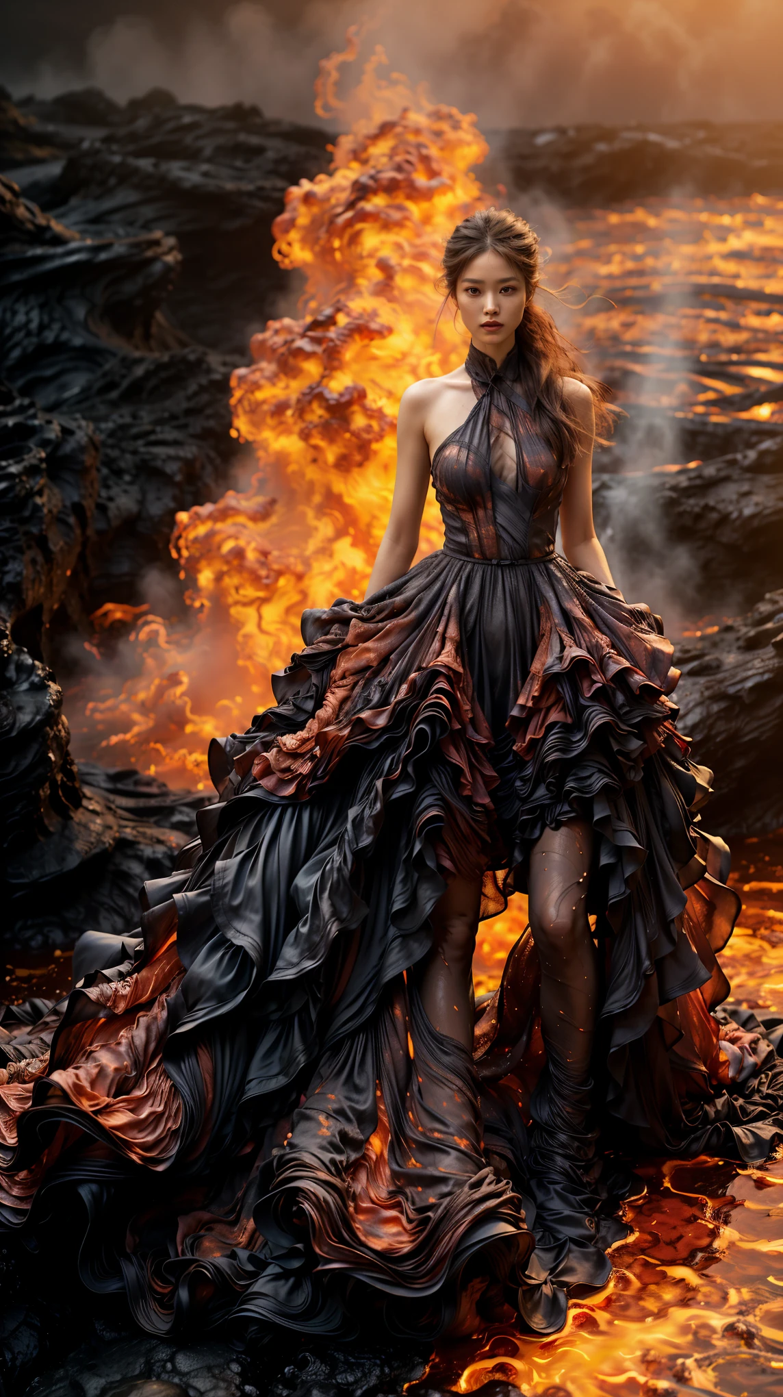 (8k, original photo, best quality,masterpiece:1.2),(actual, photorealistic:1.37), 1 girl,long legs, Full body female love,(lava:1.3),ocean,Rose-shaped dress made of lava，volcanic eruption rock flow，infrared photography, 1.4x more realism，ultra high definition，textured skitomically correct，Accurate and perfect Korean female face shape，golden ratio)