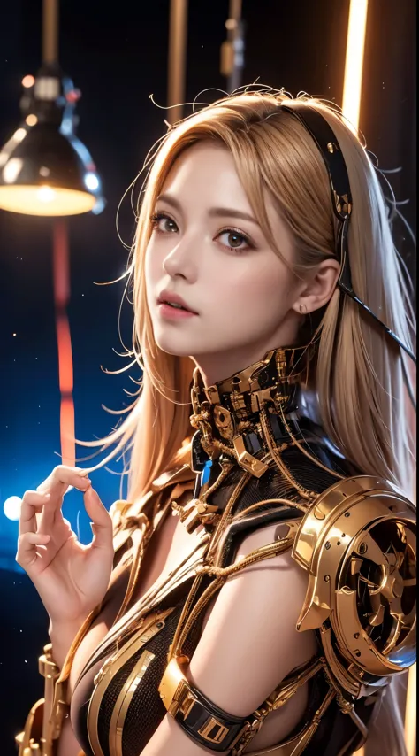 (1 Mechanical Girl)、highest quality、masterpiece、超A high resolution、(Photoreal:1.4)、RAW photo、1 girl、golden hair、glowing skin、(((...