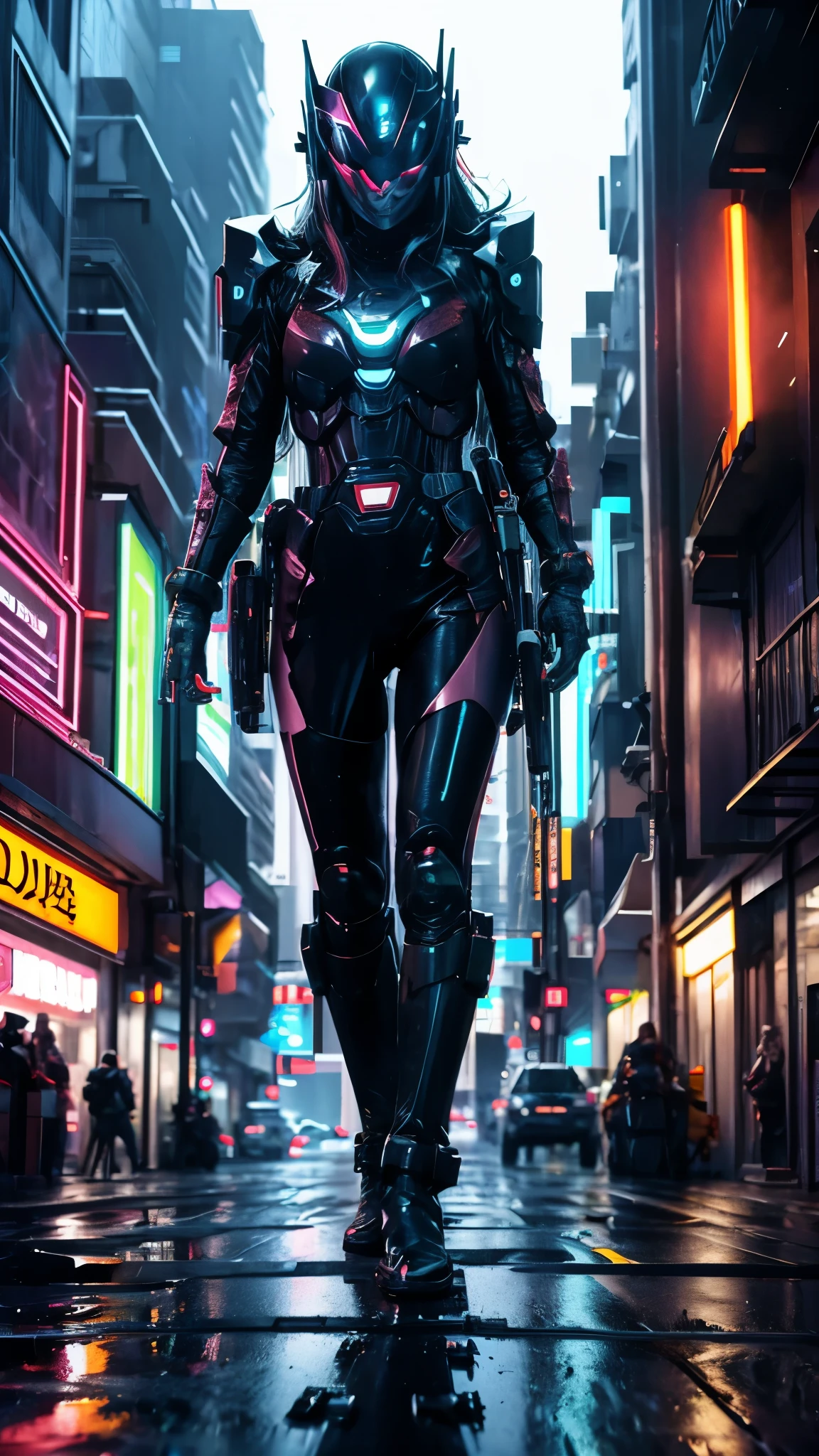 (highres,photorealistic),ranger girl,running,cyberpunk city,long hair,athletic build,fast movement,motion blur,neon lights,futuristic architecture,hovering vehicles,modern technology,dense population,tall skyscrapers,heavy rain,reflective surfaces,dark alleyways,glowing signs,shadows,metallic textures,gritty atmosphere,cool color palette,strong contrast,dynamic composition,rain-soaked streets,dystopian vibe,cityscape,adventure,excitement