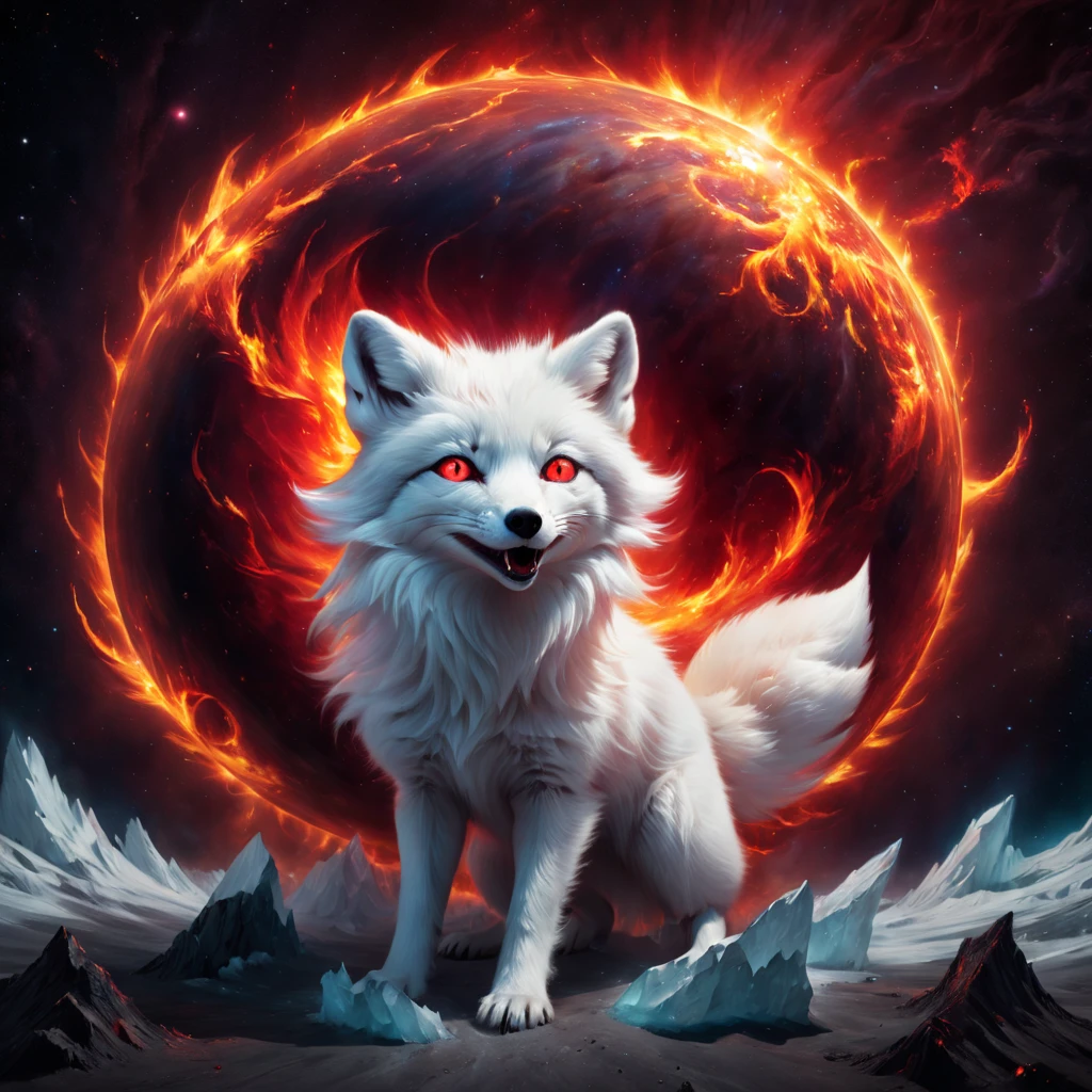 High Resolution, High Quality. Hyperrealistic digital painting of a colossal, radiant largest sparkling diabolical cosmic magnificent white arctic fox in the vacuum of space about to engulf the  flaming Globe, its eyes ablaze with a fiery red glare reflecting madness and distress, Anxiety. Madness. A terrible open mouthi, with a surreal and pop art twist, engulfing the viewer in a scene of hyperdetailed anxiety and grandeur, octane rendering, cinematic. hyperrealism, hyper-detailed, digital painting, ultra fine, 8k resolution, breathtaking surreal masterpiece