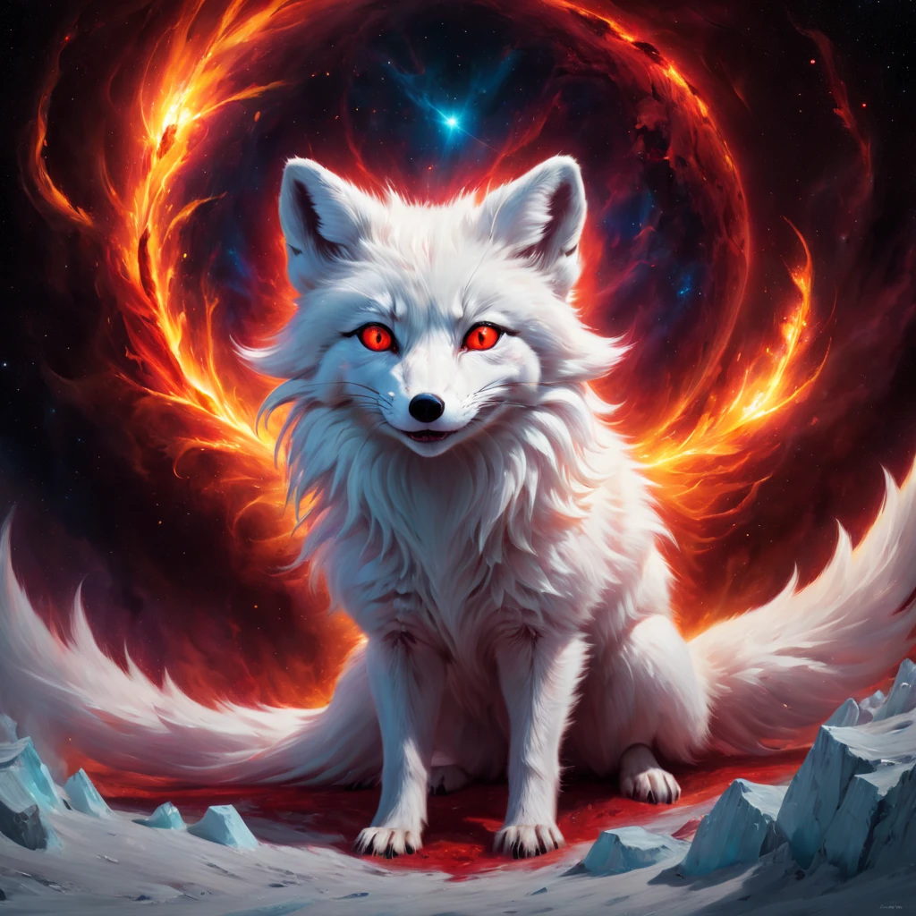 High Resolution, High Quality. Hyperrealistic digital painting of a colossal, radiant largest sparkling diabolical cosmic magnificent white arctic fox in the vacuum of space about to engulf the  flaming Globe, its eyes ablaze with a fiery red glare reflecting madness and distress, Anxiety. Madness. A terrible open mouthi, with a surreal and pop art twist, engulfing the viewer in a scene of hyperdetailed anxiety and grandeur, octane rendering, cinematic. hyperrealism, hyper-detailed, digital painting, ultra fine, 8k resolution, breathtaking surreal masterpiece