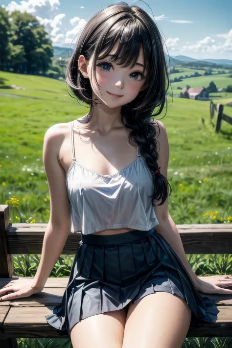 very cute and beautiful girl,(very detailed美しい顔), white camisole,sitting,spread your legs,white panties BREAK (smile:1.2),Happy,looking at the viewer,(blue pleated mini skirt:1.2), countryside,grassland,top of the hill,small colorful flowers,wooden fence,d...