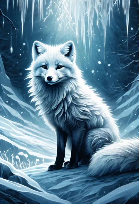 Illustration of an arctic fox in grunge style, Fur mix with delicate and powerful brush strokes, A frozen being in the darkness,...