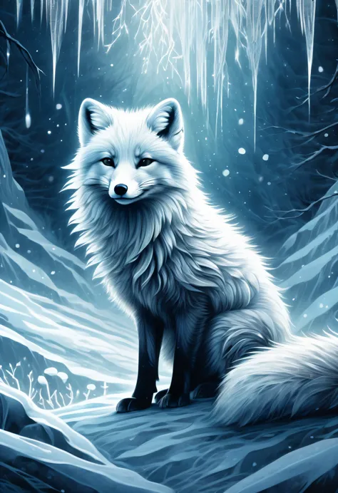 illustration of an arctic fox in grunge style, fur mix with delicate and powerful brush strokes, a frozen being in the darkness,...