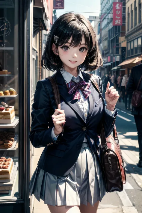 very cute and beautiful girl,teen,(very detailed美しい顔),
(blue blazer school uniform, Pleated standing in front of a cake shop win...