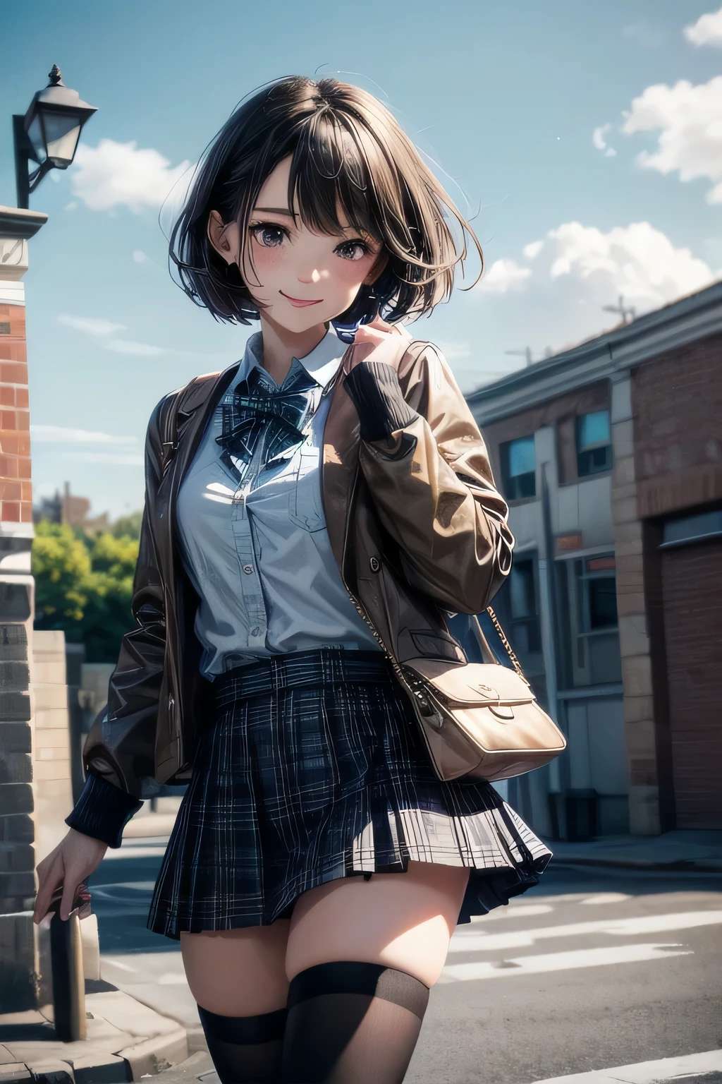 very cute and beautiful girl,teen,(very detailed美しい顔),(smile:1.2),Happy,cowboy shot,
(brown jacket:1.2),collared shirt,Checkered bowtie BREAK Detailed legs,zettai ryouiki,Brown Shoulder Bag,
stylish pose,hairpin,black hair,(blue plaid mini skirt:1.2),Stone Gate,admission,Multicolored rose flowers,
(highest quality,masterpiece:1.2),disorganized,High resolution,super detailed,very detailed,32K,8K resolution,
intricate details,movie-like scene,detailed background,alone,dynamic angle,
hair blowing in the wind,beautiful and detailed sky,