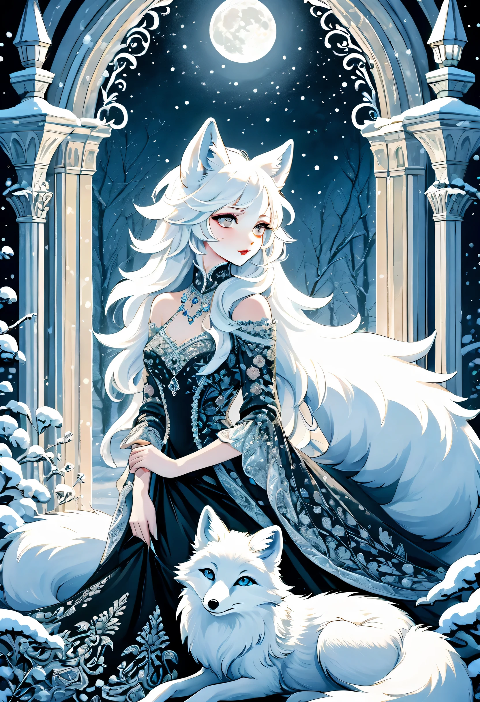 Arctic fox aesthetic illustration oil painting, mysterious atmosphere, Elegant atmosphere and intricate details, dim moonlight, Elegant feminine atmosphere with delicately patterned fur fox, A scolding gaze, looking from the side, Delicate beauty with highlights, Glamorous swirls and delicate lace snow, in beautiful gothic architecture, Fancy effects and background decorations, Shining white on the fur, fantastic shine, luxurious interior, grunge painted gouache, tonal contrast, highly detailed fox, High quality brushwork, 最high quality, Cinematic angle and light, Gothic Beauty, Super detailed and insane illustrations, My elegant friend the wolf is next to me., Delicate and cute wishes were emphasized, A beautiful  snow flower, Beautiful detailed glow texture, grunge painted gouache, high contrast, highly detailed gothic, high quality, 最high quality, Cinematic angle and light,