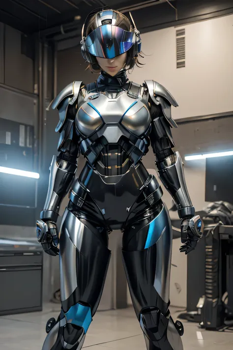 female robocop solo、Armor that completely covers the whole body、very large armor、helmet to hide eyes、rainbow armor、Armor that co...