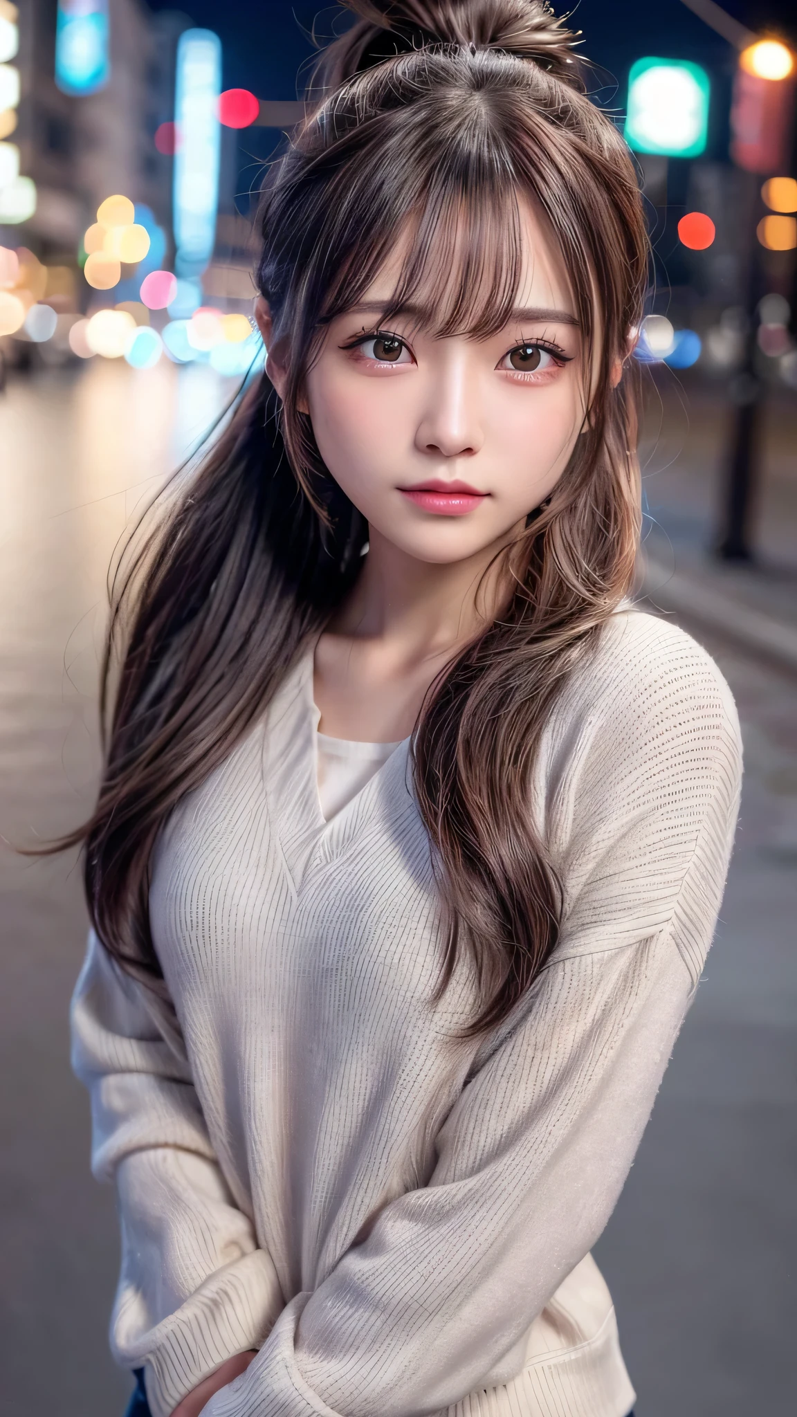 blush,14 years old,small breasts,winter,european cityscape,night,long hair ponytail,outdoors,warm winter clothes,wearing a hoodie with a hood,close up of face,((8K, Raw photo, best quality, muste piece:1.2), (Reality, photorealistic:1.4), (Highly detailed 8K wallpaper), Depth of the bounds written, cinematic lighting, soft light, detailed beauty eye,Shiny and smooth light brown ponytail, asymmetrical bangs, shiny skin, super detailed skin ,high resolution, high detail, detailed hairstyle, detailed beauty face, hyper real, perfect limbs, perfect anatomy ,1 Japanese girl,famous japanese idol, perfect female body,shy smile,short eyelashes,double-edged eyelids,look straight here,Hair style is ponytail,