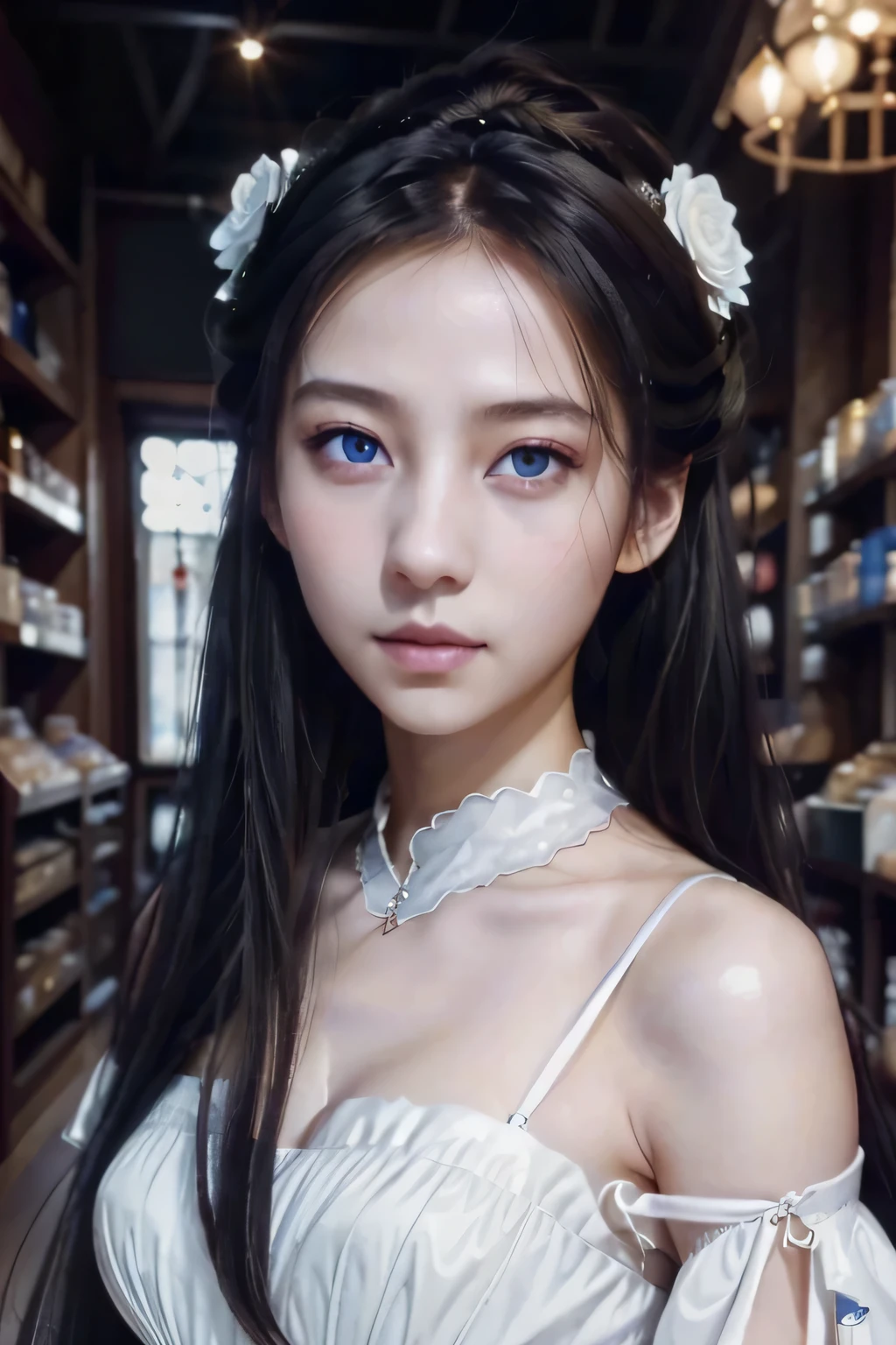 ８ｋ、High resolution、Kanban Lady、beautiful girl、gothic costume、young、white skin,、narrow eyes,high nose,lighting that illuminates the face、clear image、intellectual beauty、skinny、no makeup、anxious look、lighting that illuminates the face,shining hair、single eyelid,blue eyes、at shop、vivid pose