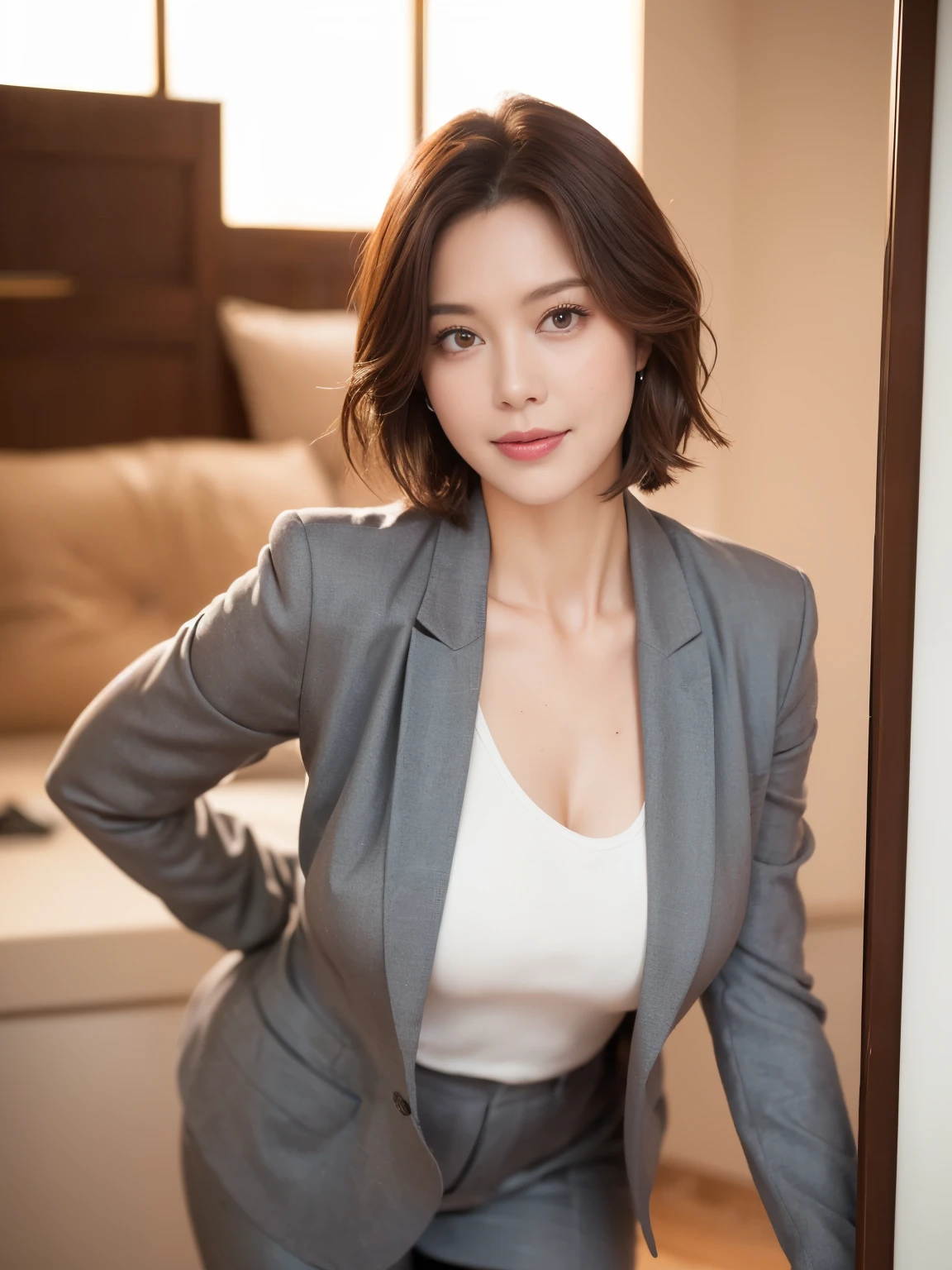 masterpiece,highest quality, (1 milf、42 years old), ((close:0.5)), ((Cross Arm)), glare, gray blazer, white shirt, double eyelid, eyelash, lip gloss, (smile:1), ((close your eyes:0.85)), ((looking at the viewer、The whole body is reflected、Are standing)), to be born, (From above:0.2), ((no one)), （office）、（knee length、knee high boots）、Depth of written boundary、尖ったred mouth、(reddish brown wet shiny short hair,,,,,,,,,),red mouth,clavicle、full body portrait、digital illustration, (Photoreal:1.3),(RAW photo.)