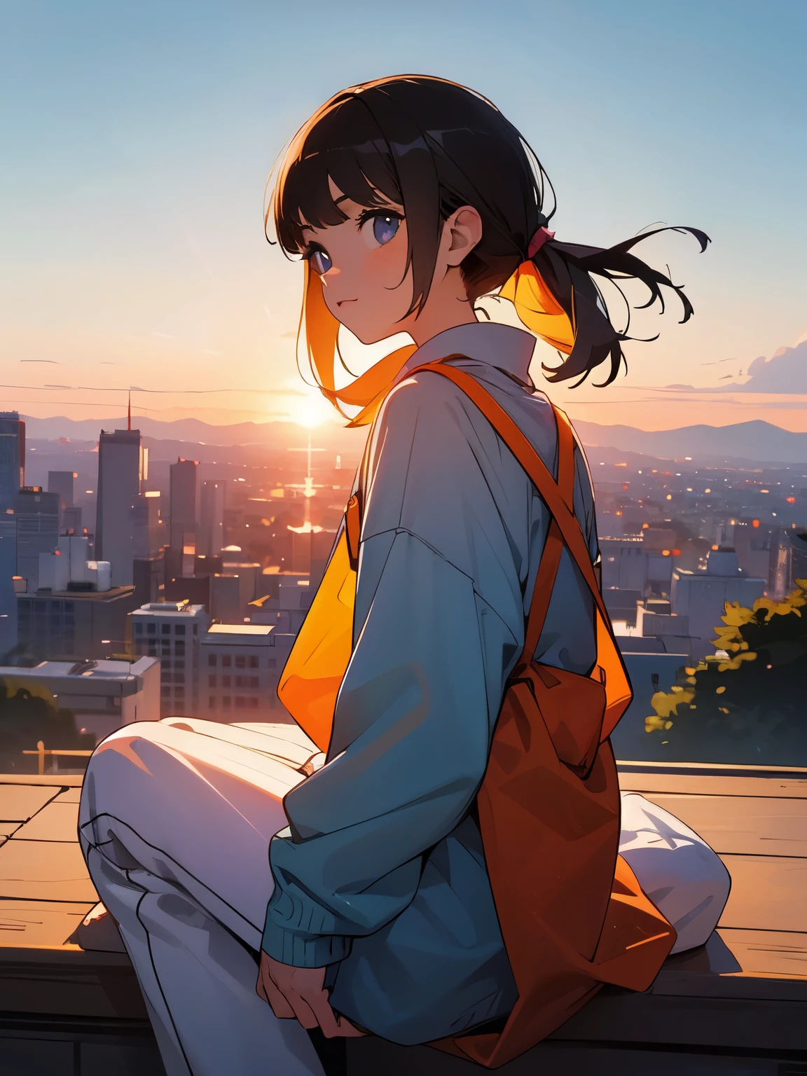 Oh, doce doce anc fofo fofo fofo !!! Uma menina sentada em uma colina observa o pôr do sol sobre a cidade.