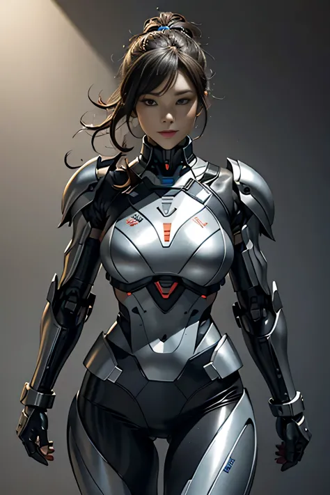 female robocop solo、armor that completely covers the whole body、very big breasts、helmet to hide eyes、rainbow armor、armor that co...